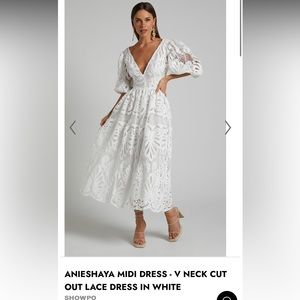 ANIESHAYA MIDI DRESS - V NECK CUT OUT LACE DRESS IN WHITE